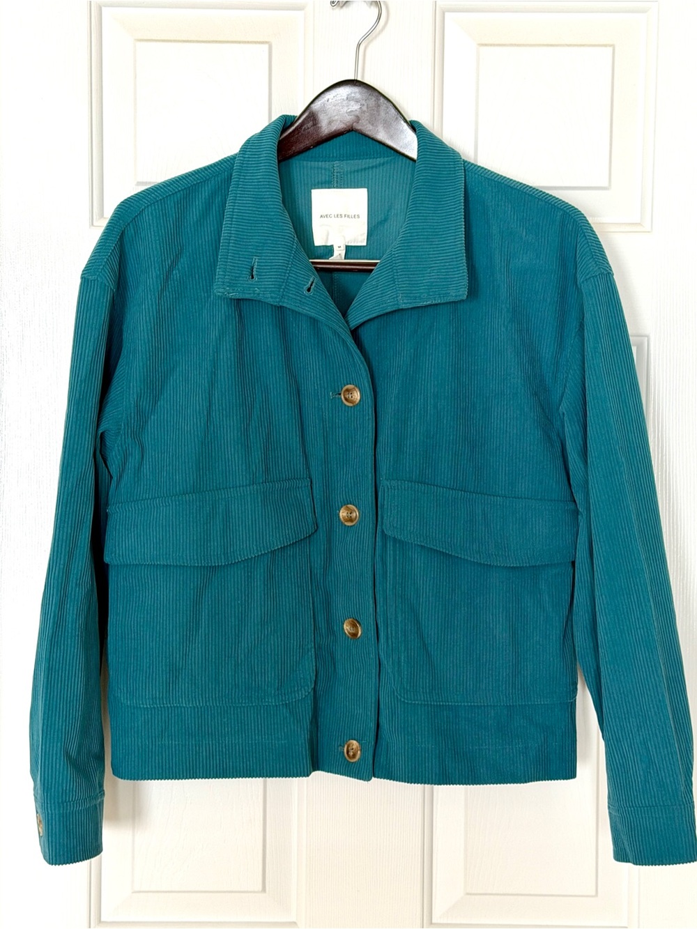 Avec Les Filles Teal Corduroy Cropped Utility Shacket Jacket M - Picture 2 of 8